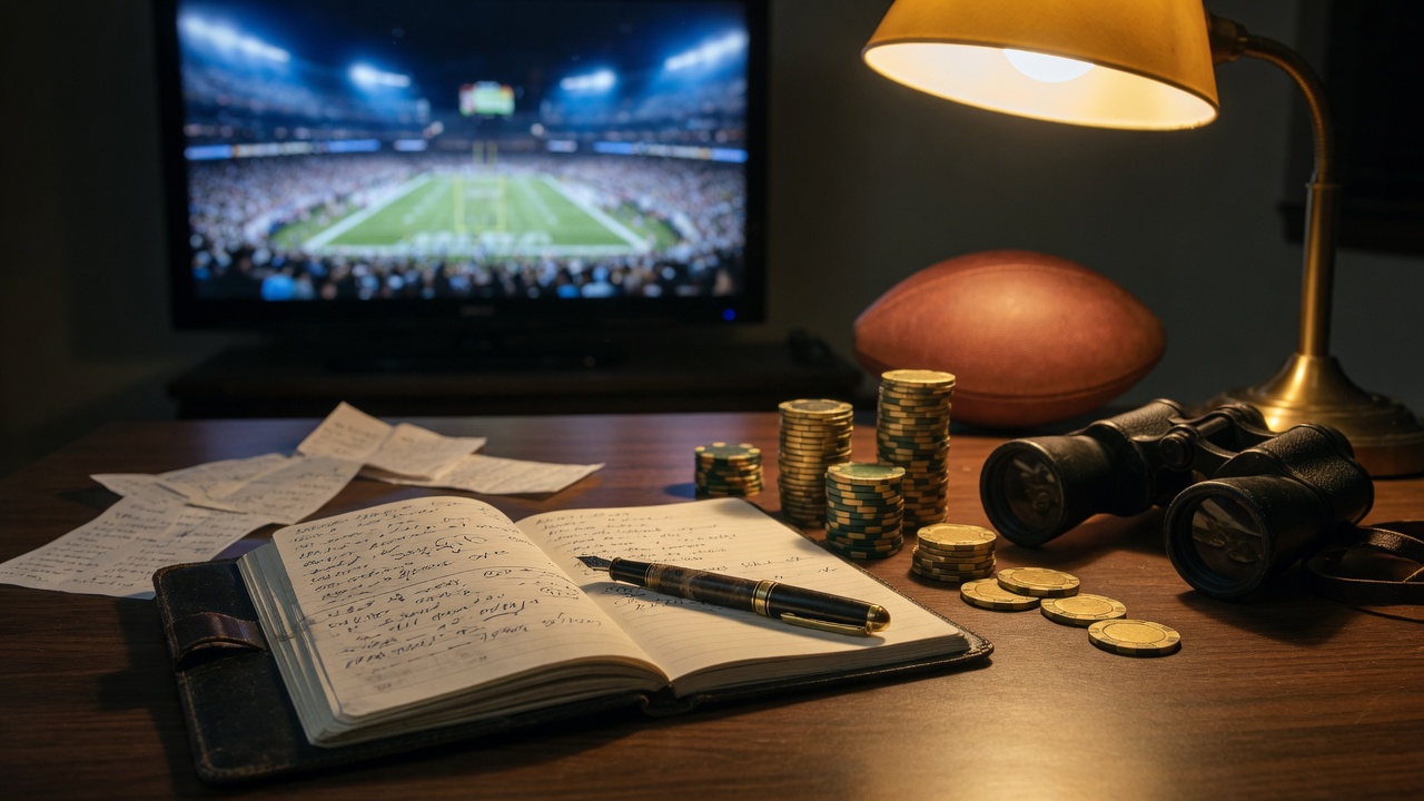 Sports bettor’s desk: notebook, chips, football, stadium on TV